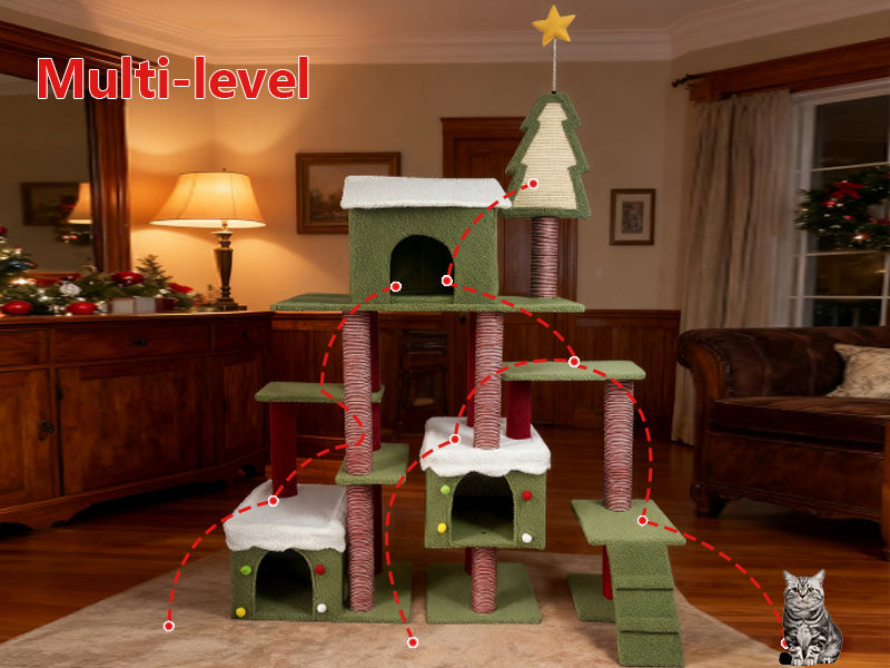 Wide Christmas Cat Tree Tower for Indoor Cats with Multi-Level Design