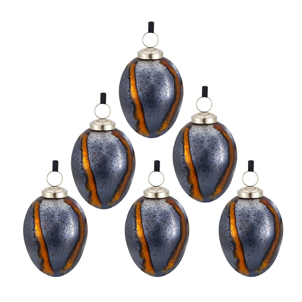 Blue Glass Christmas Ball Ornaments Set of 6 with Brass Accents