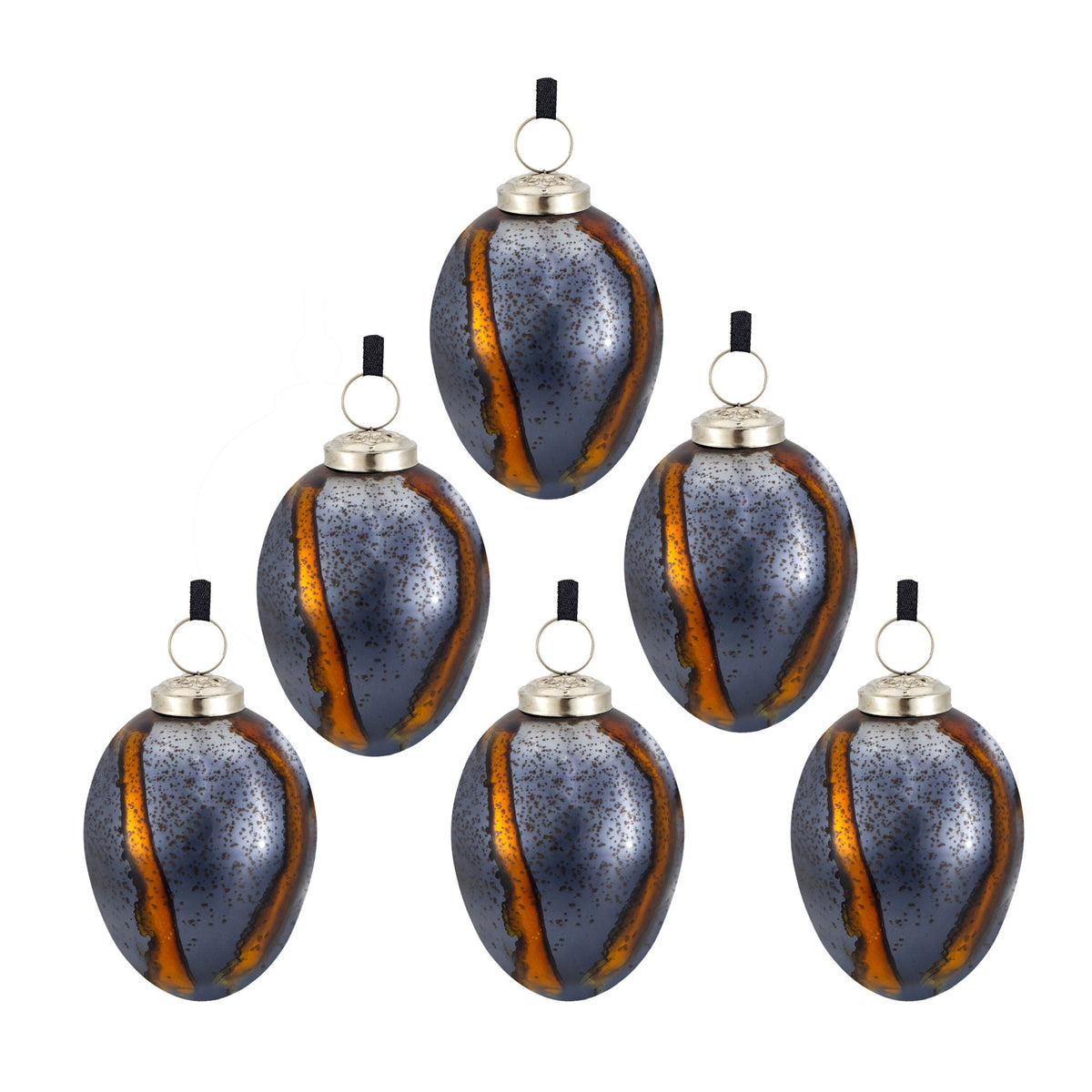 Blue Glass Christmas Ball Ornaments Set of 6 with Brass Accents