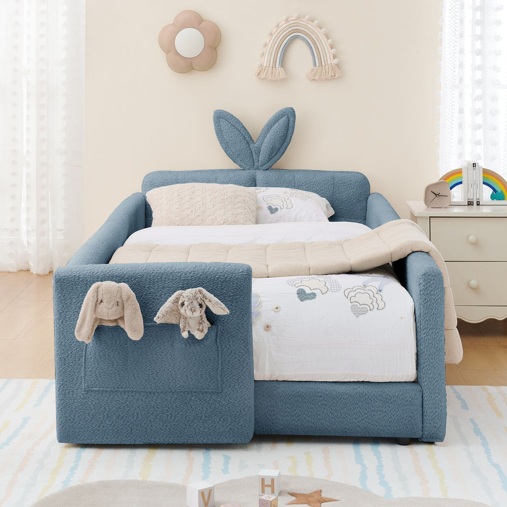 Cute Rabbit Ear Upholstered Platform Bed Frame with Safety Rail - Multiple Colors