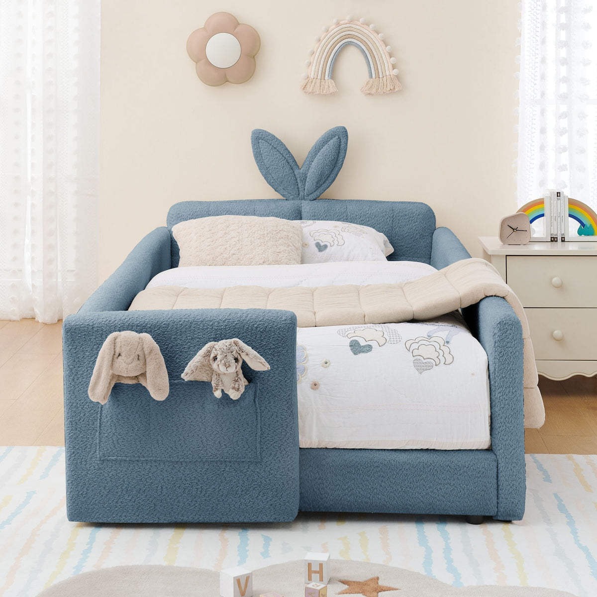 Cute Rabbit Ear Upholstered Platform Bed Frame with Safety Rail - Multiple Colors