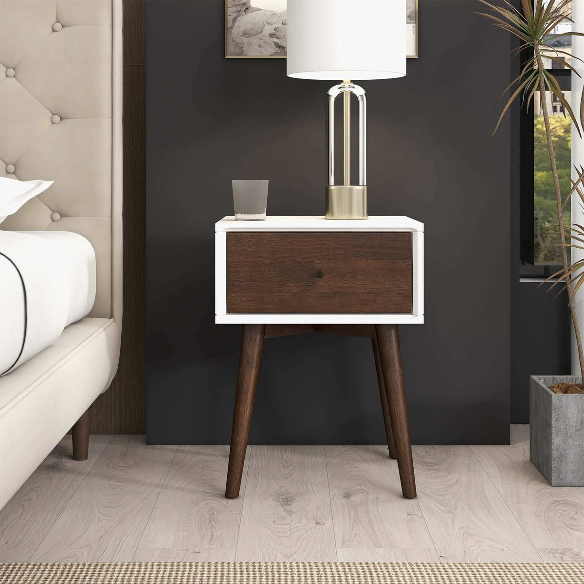 Modern Design Night Stand with Solid Wood Construction - Dark Brown or White