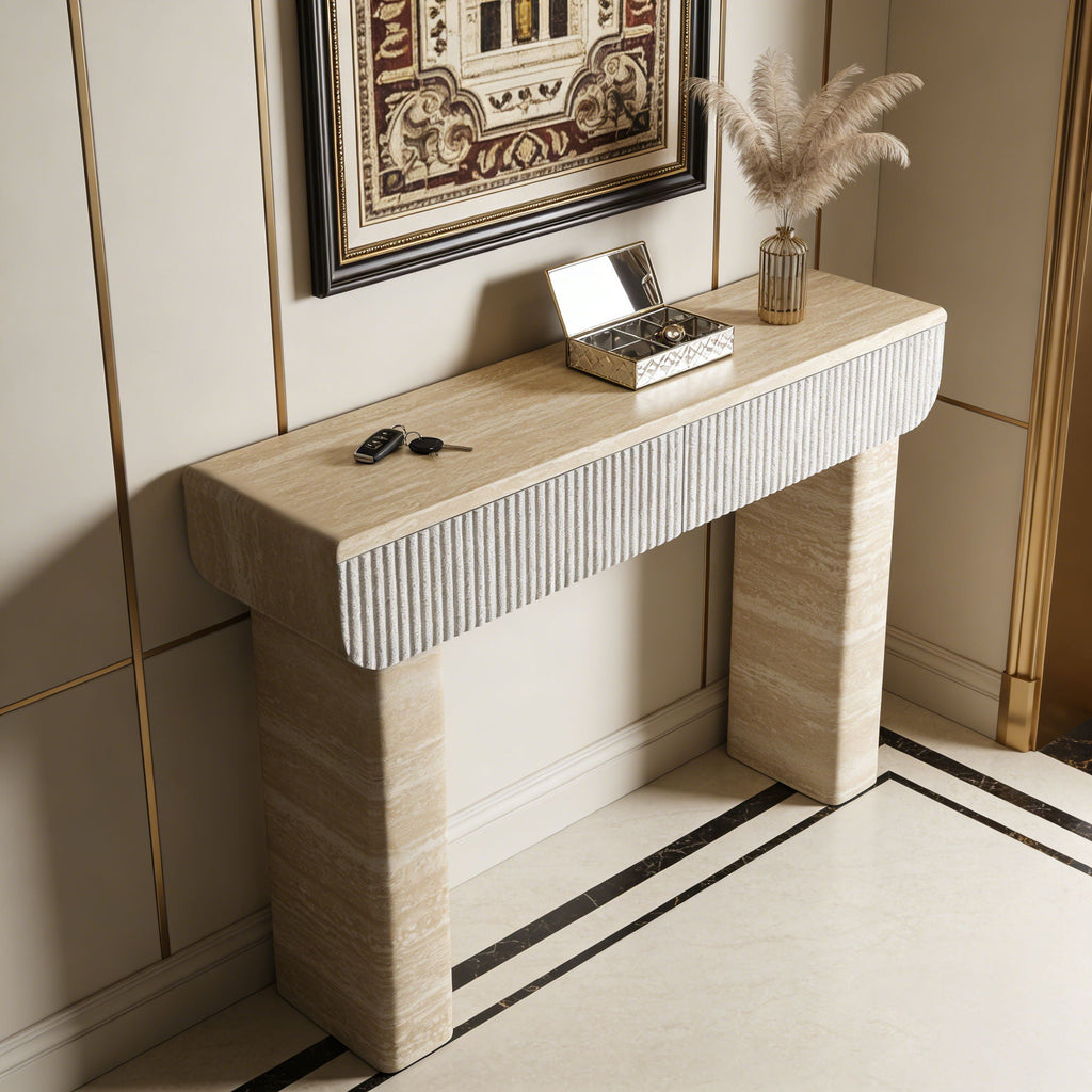 Entryway Table with 2 Hidden Handle Drawers – Beige / Yellow