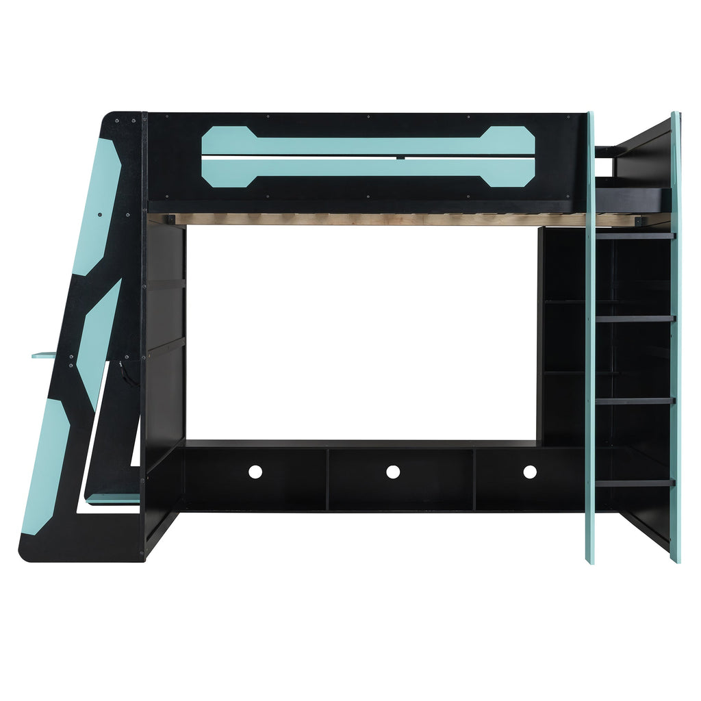 Full Size Wood Loft Bed with Desk and RGB Light - Cloud