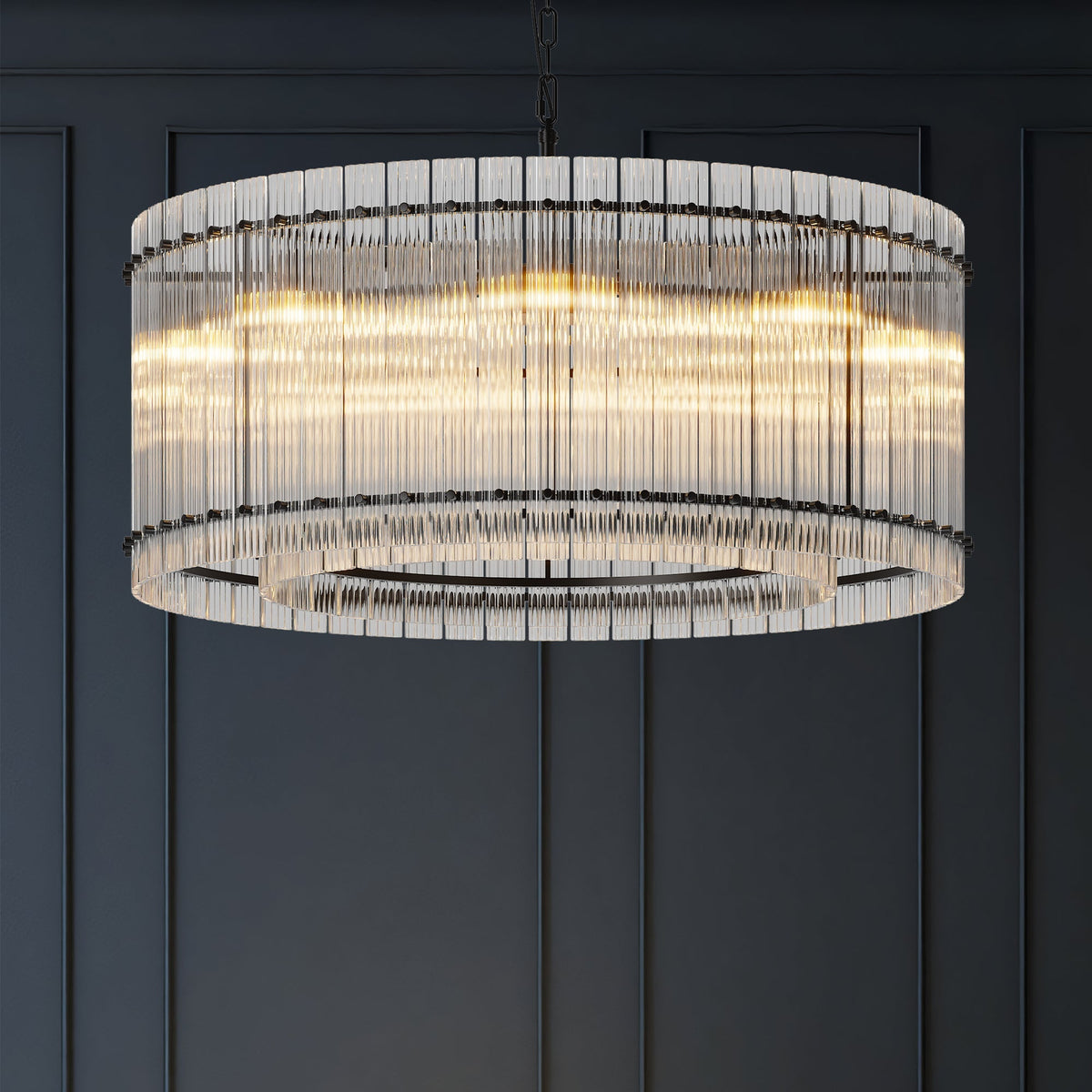 37-Inch Modern Black Round 8-Light Crystal Chandelier with Water Ripple Glass - Black