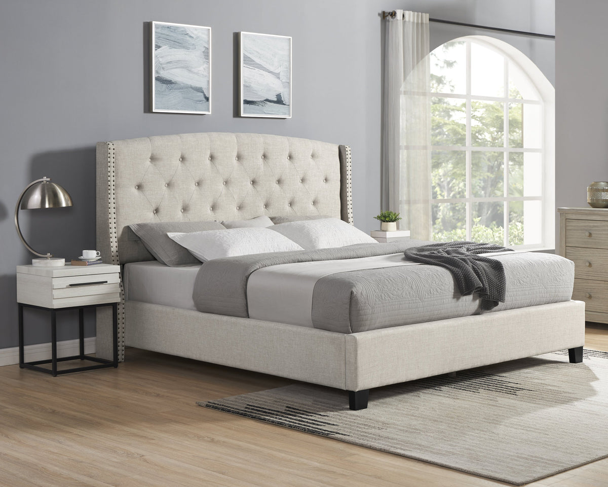3-Piece Upholstered Bedroom Set with Tufted Wingback Bed - Beige