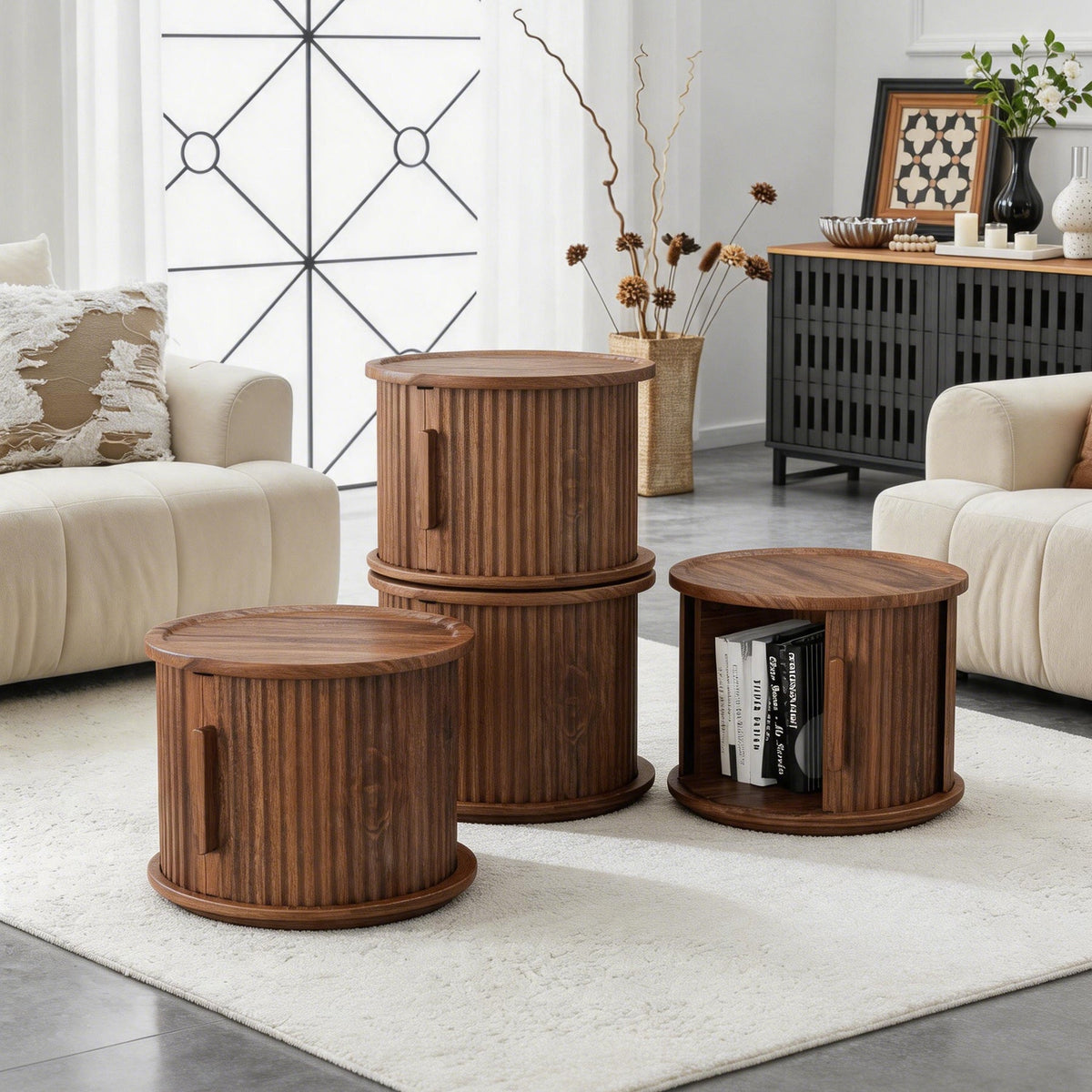 Round Nightstands with Sliding Door Storage - Walnut