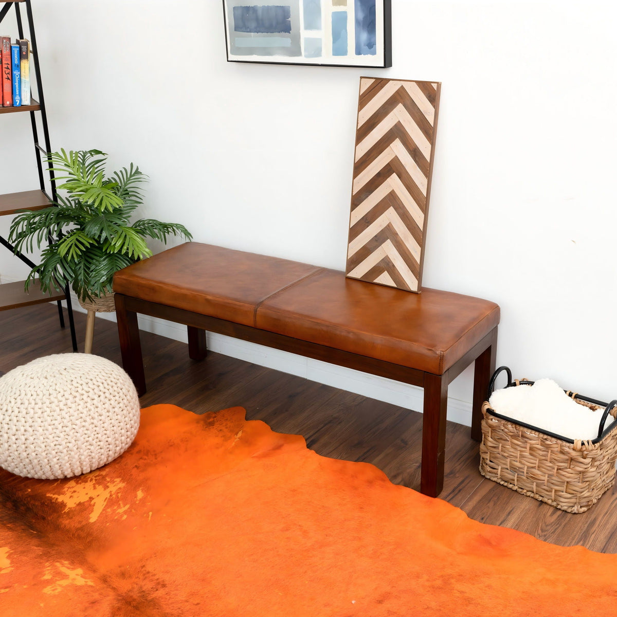 Antique Brown Upholstered Bench with Solid Wood Frame - Brown