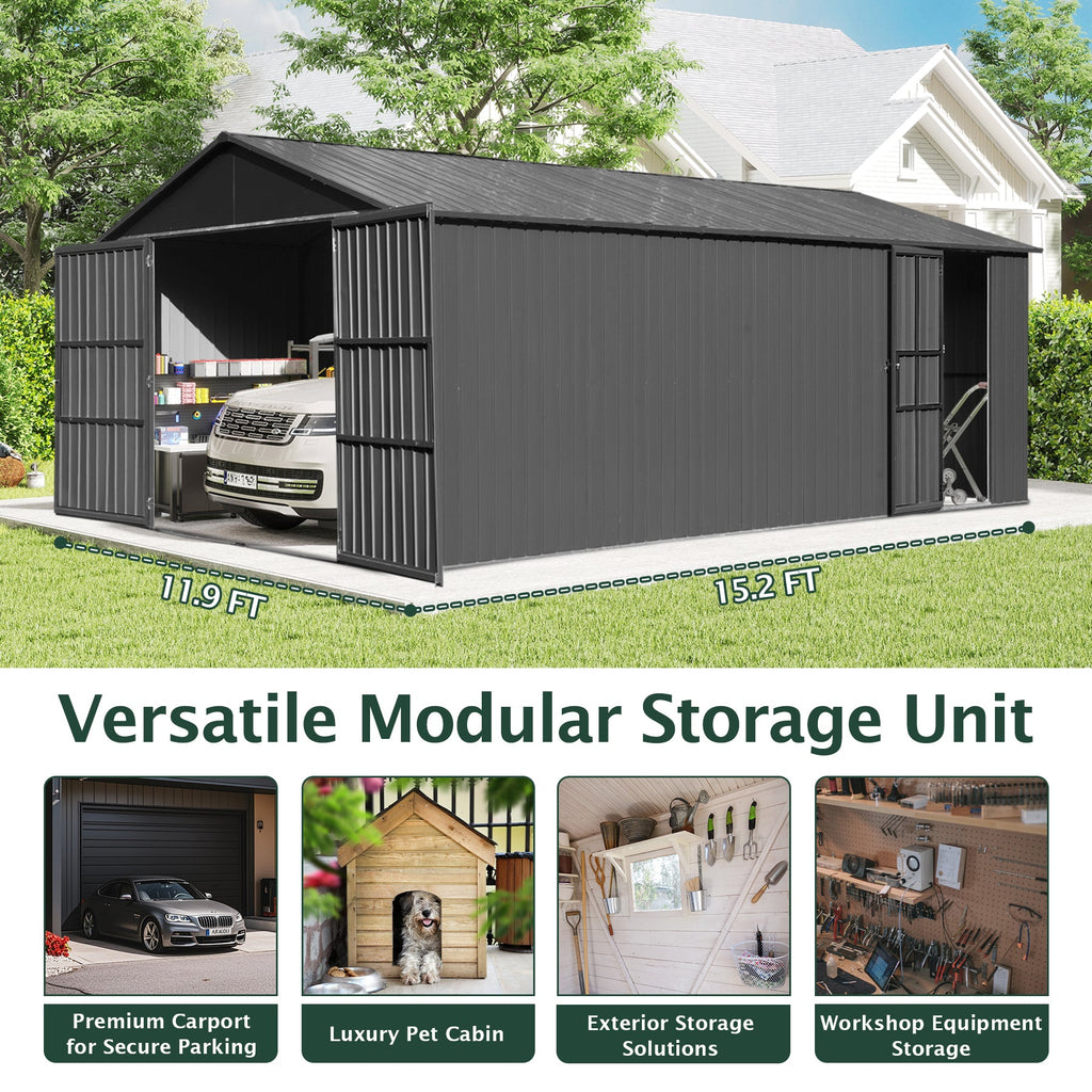 12x15FT Outdoor Metal Garage Shed with Lockable Doors - Metal