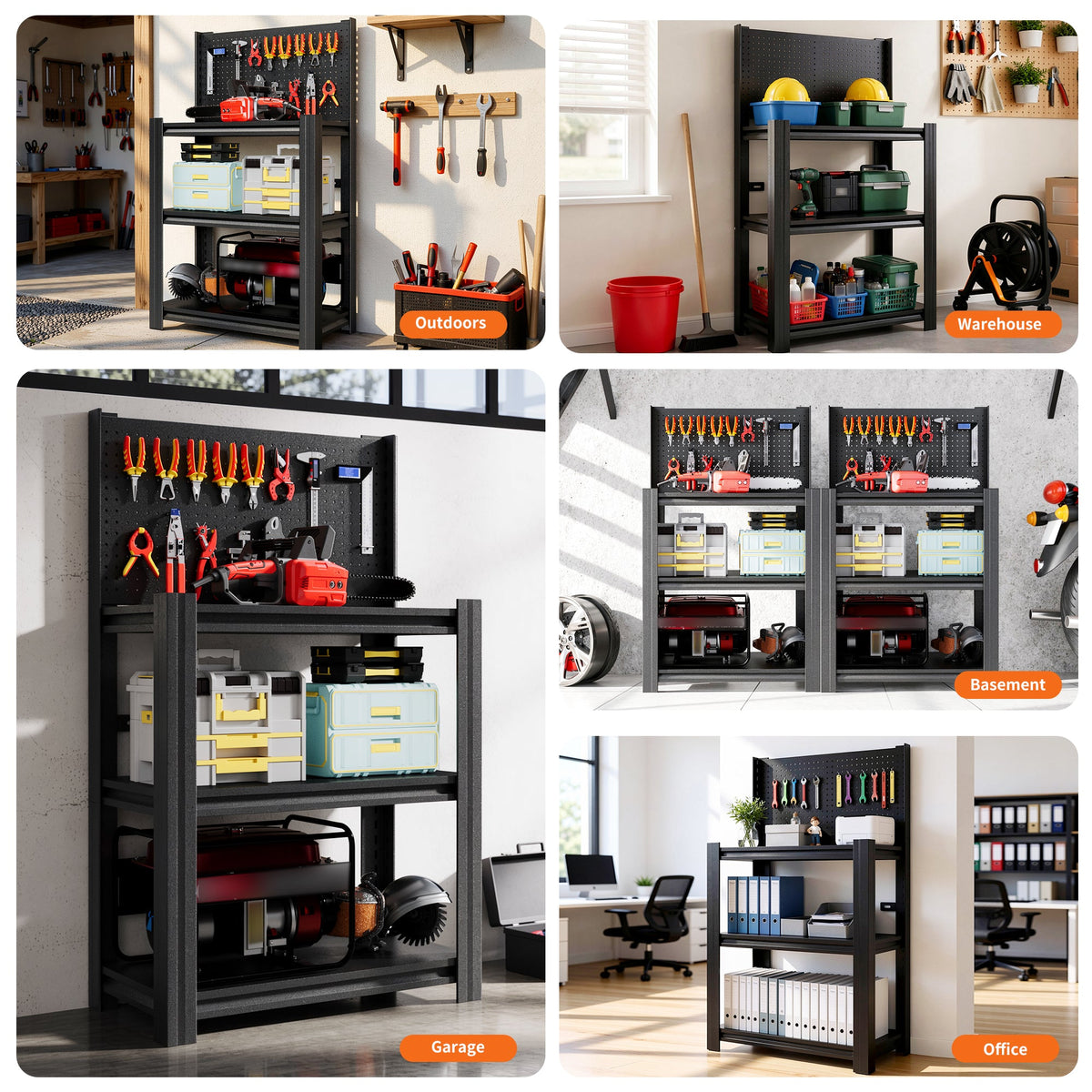 3-Tier Heavy-Duty Metal Storage Shelving Unit with Pegboard - Metal
