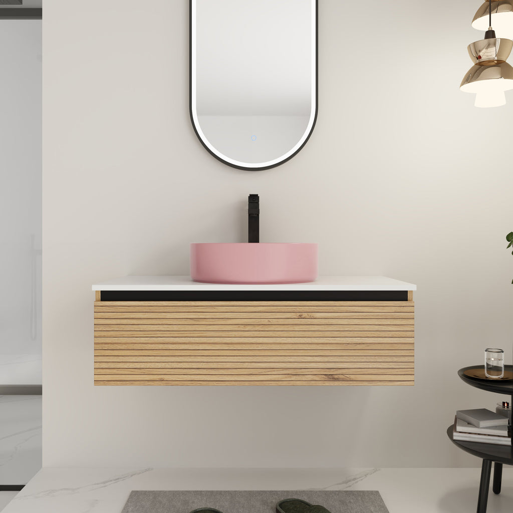 36" Wall-Mounted Bathroom Vanity with Soft-Close Drawer and Ceramic Sink - Light Coffee