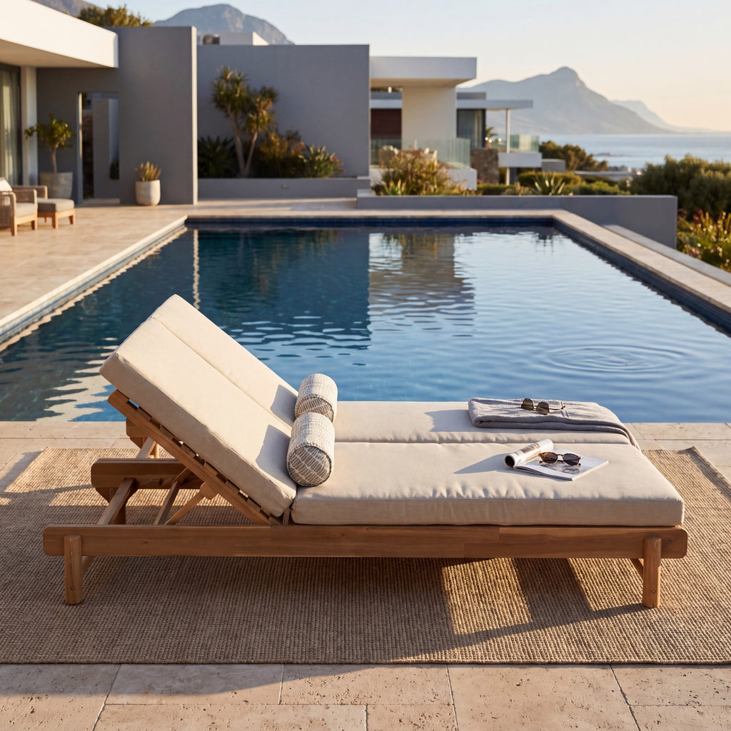 Light Teak Acacia Wood Double Chaise Lounger Set with Adjustable Backrests - Cream