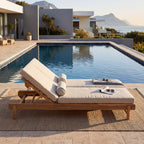 Light Teak Acacia Wood Double Chaise Lounger Set with Adjustable Backrests - Cream