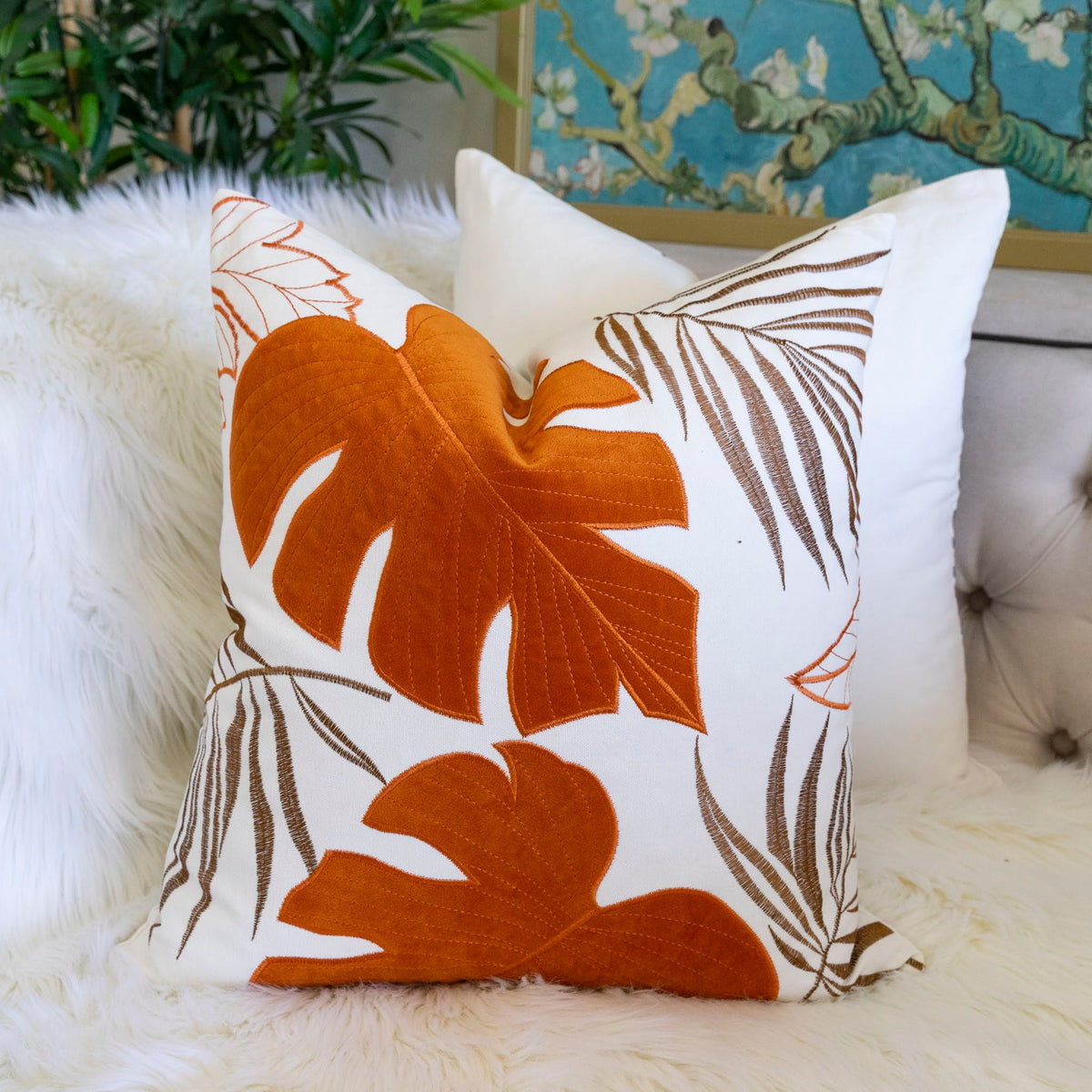 Autumn Vibes Leaf Accent Pillow with Soft Texture - Green, Dark Gray, Light Blue, Yellow, Orange