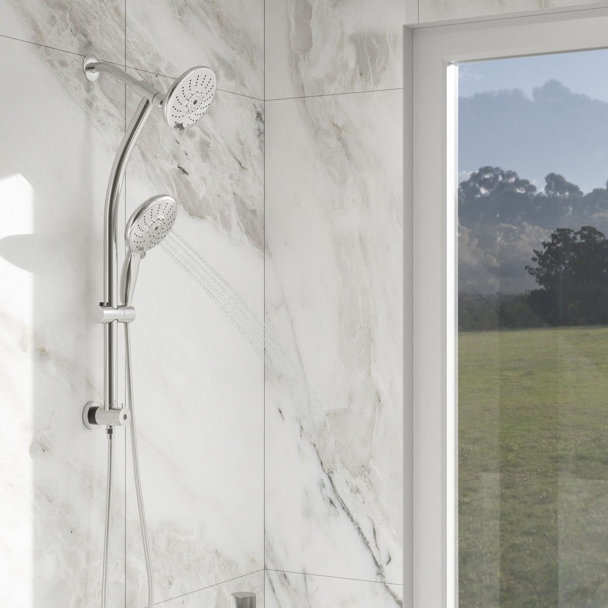 Dual Shower Head with Adjustable Slide Bar and Multi Function Settings - Pearl Silver or Gray