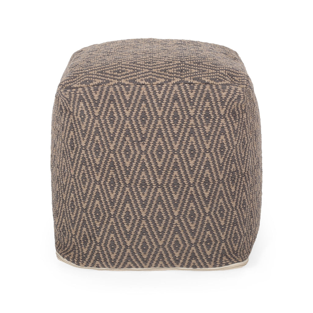 Hand Loomed Cotton Pouf with Polystyrene Fill - Dark Gray / Brown