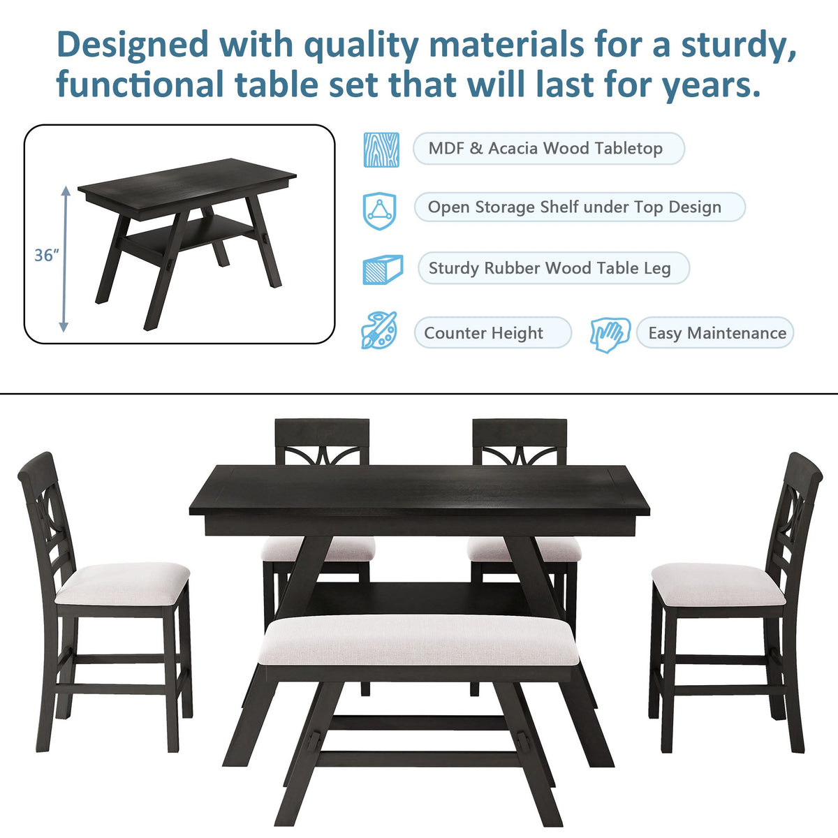 6 Piece Counter Height Dining Table Set with Storage Shelf - Espresso Wood