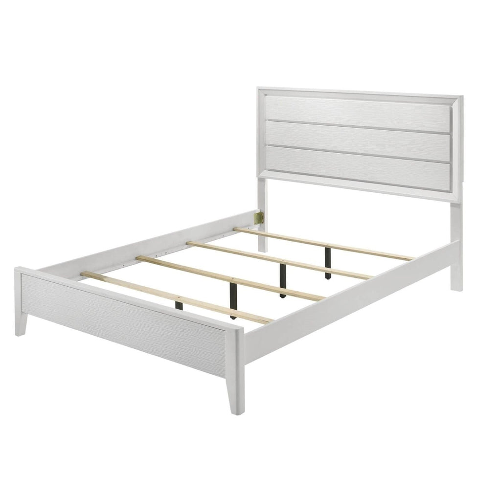 Modern Bed Frame with Wave Texture Headboard and Angled Legs - White
