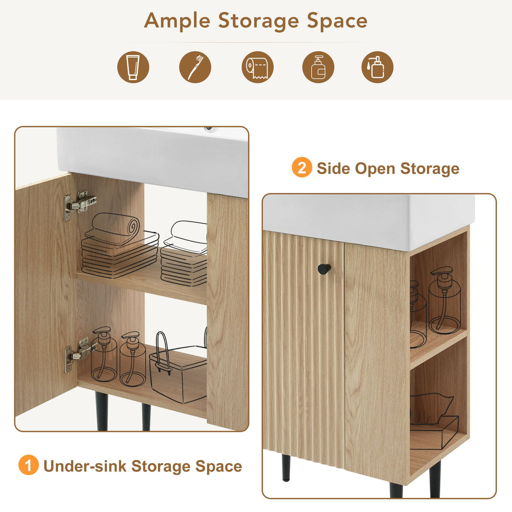 Bathroom Vanity with Single Ceramic Sink and Side Storage - Multiple Colors