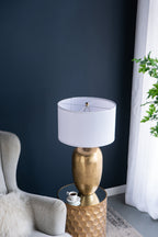 Round Aluminum Table Lamp with White Fabric Shade - Gold