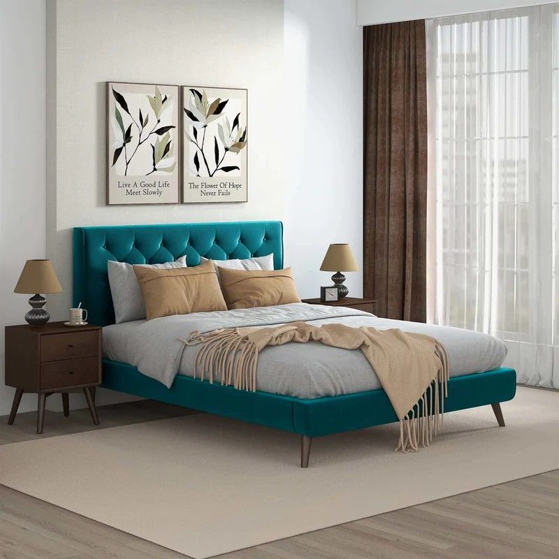 Light Blue Queen Platform Bed with Button Tufted Headboard