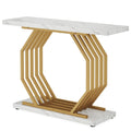 White and Gold Console Table with Geometric Metal Base - Faux Marble Top
