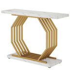 White and Gold Console Table with Geometric Metal Base - Faux Marble Top