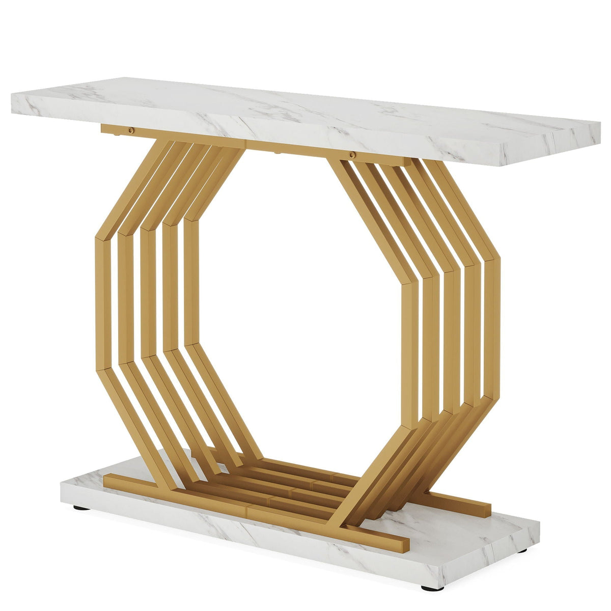 White and Gold Console Table with Geometric Metal Base - Faux Marble Top