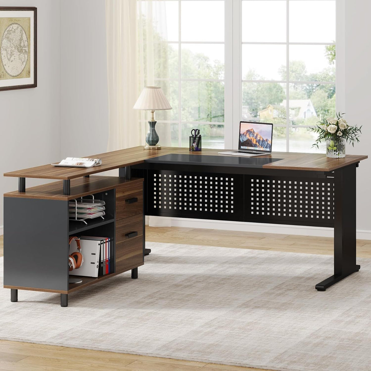 L-Shaped Executive Desk with File Cabinet and Storage Drawers - Light Brown or Dark Gray