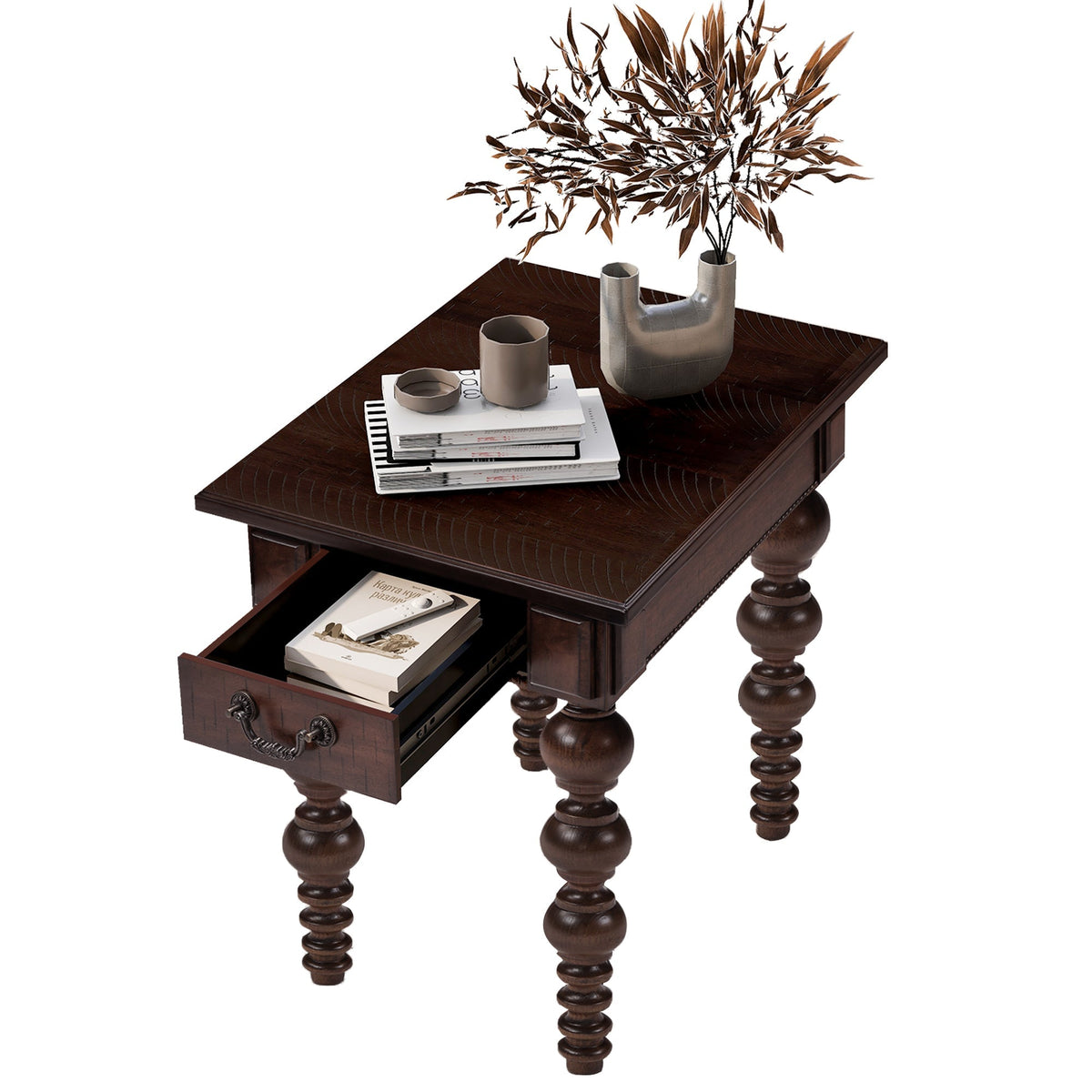 Solid Wood End Table with Drawer in Espresso Finish