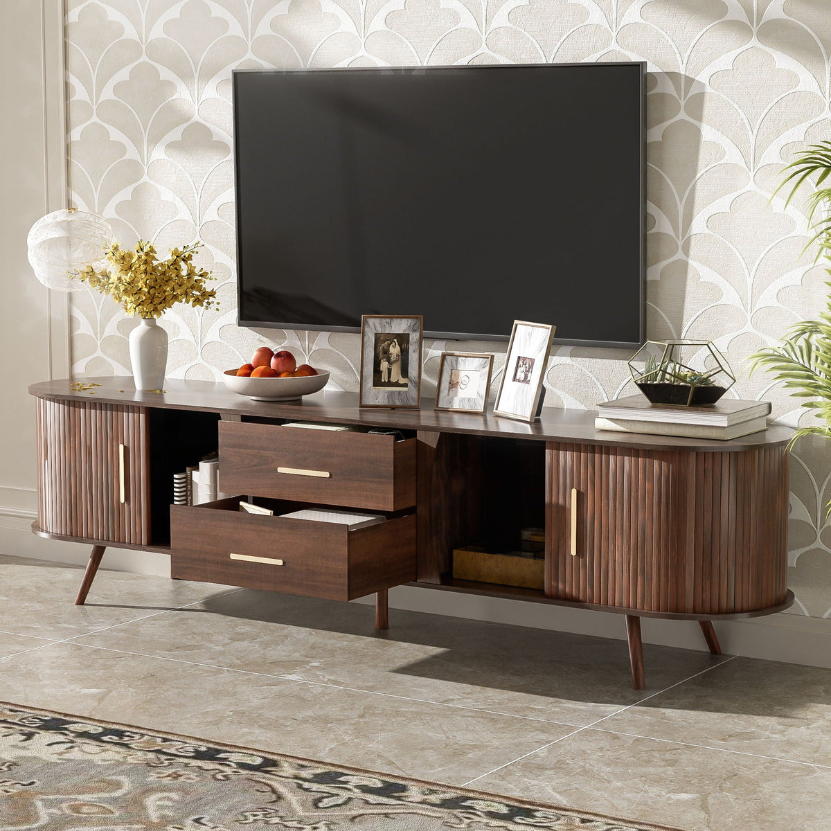 TV Stand Entertainment Center with Storage and Sliding Doors - Dark Brown