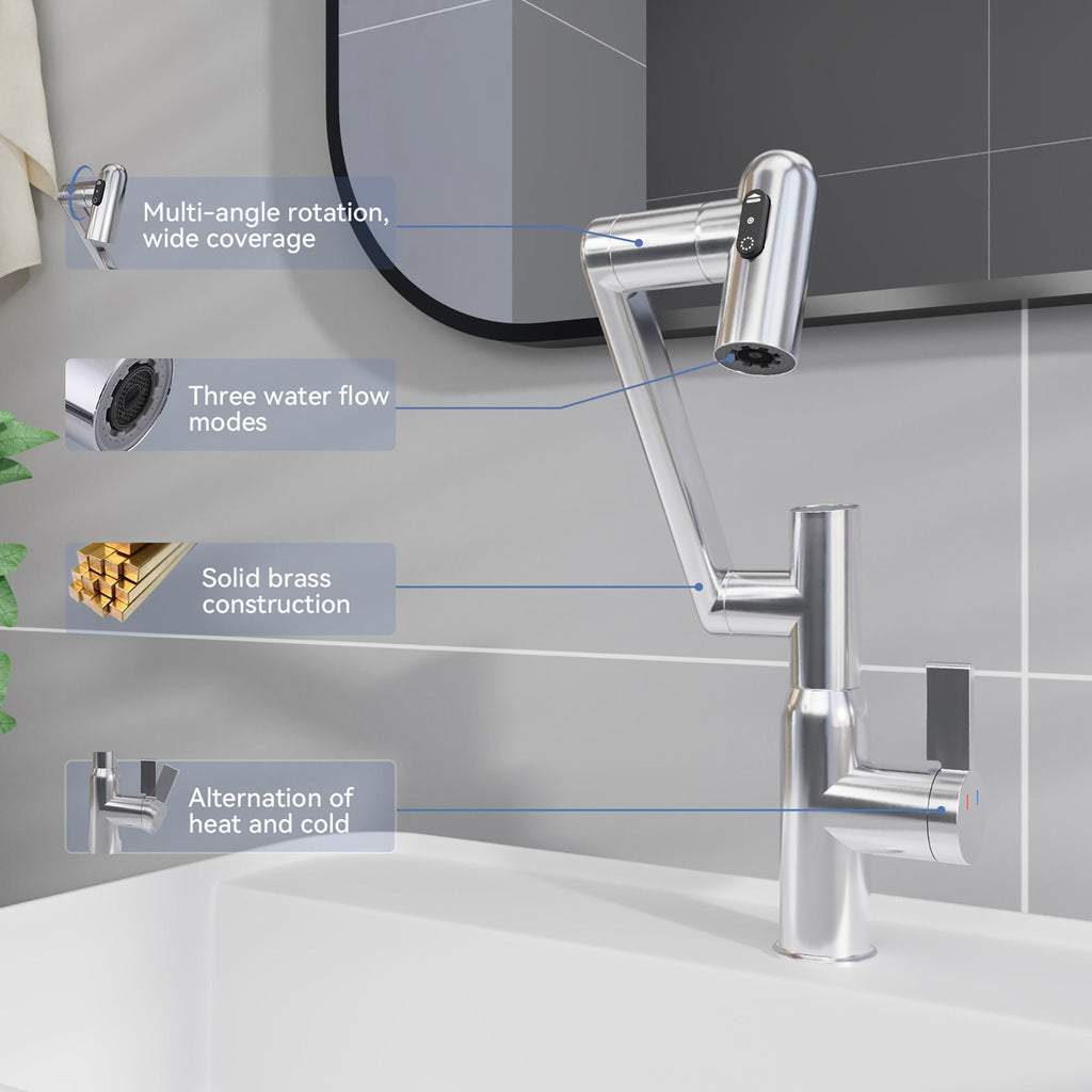 Bathroom Sink Faucet with Spray Function and Temperature Display - Black or Pearl Silver