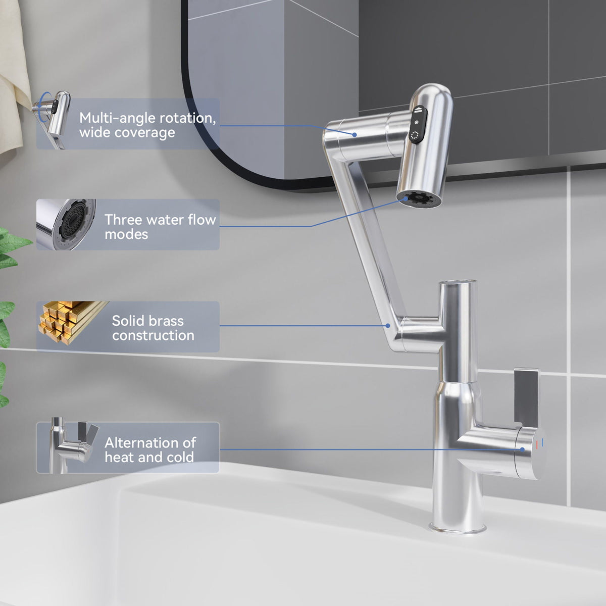 Bathroom Sink Faucet with Spray Function and Temperature Display - Black or Pearl Silver