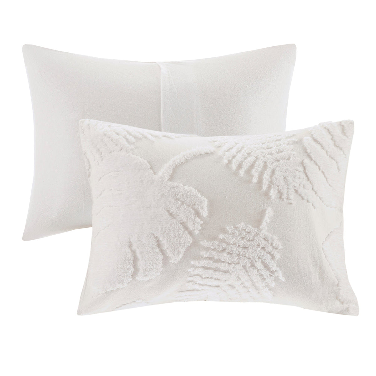 Off-White Tufted Cotton Chenille Palm Comforter Set with Palm Leaf Design - Full/Queen