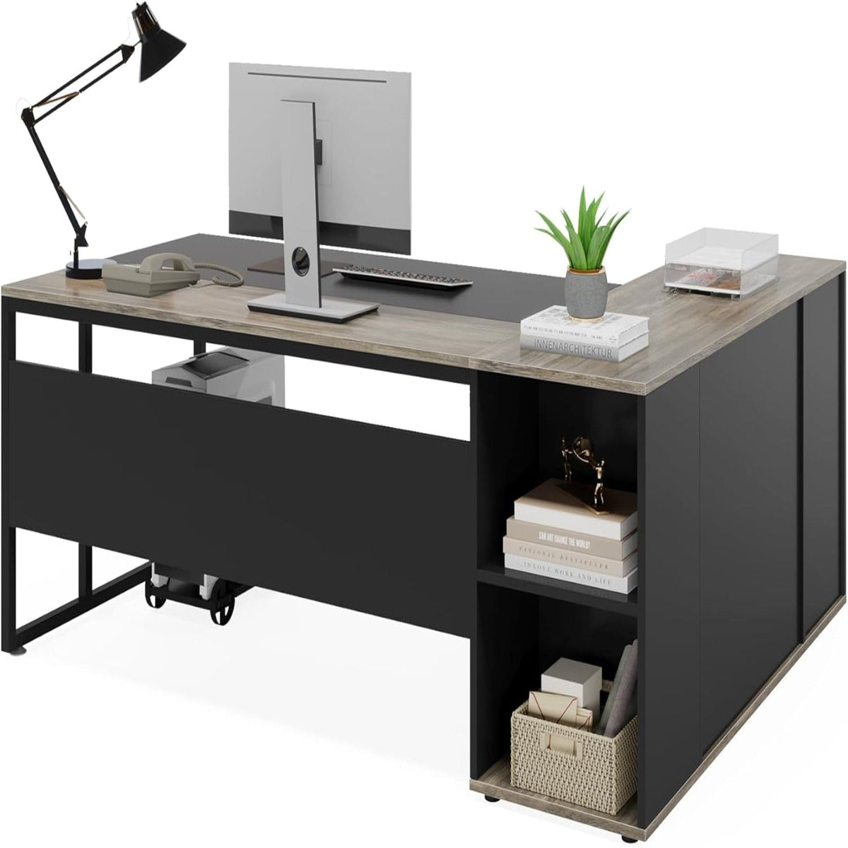 L-Shaped Executive Desk with Cabinet Storage - Dark Gray or Black