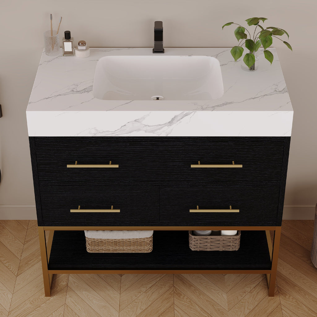 36" Artificial Stone Bathroom Vanity with Ceramic Sink - Black/White