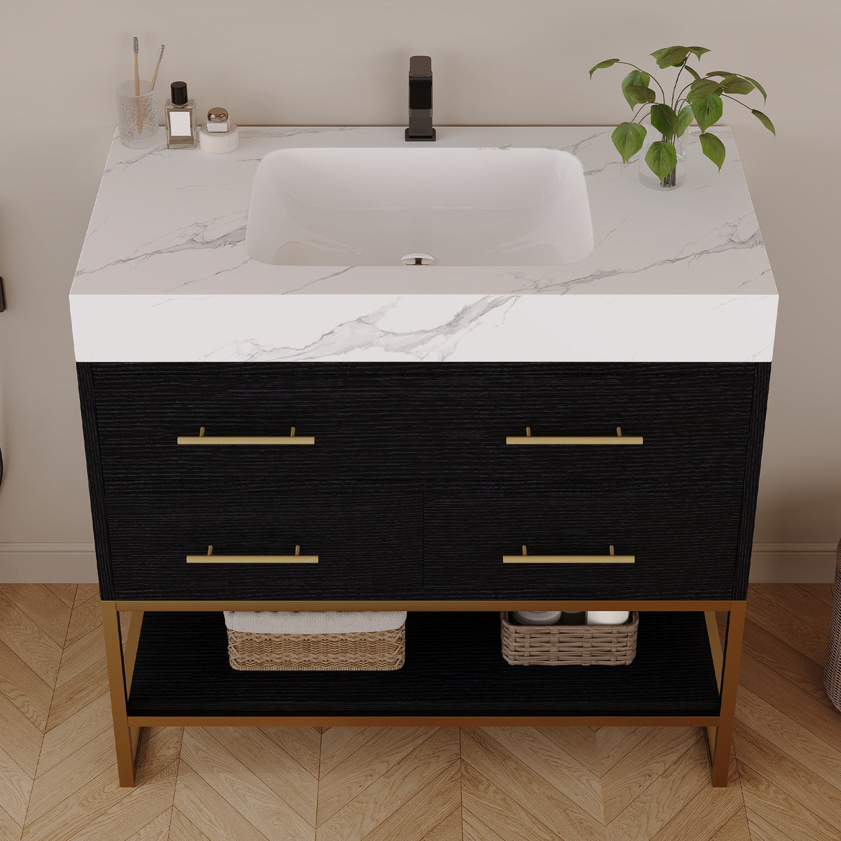 36" Artificial Stone Bathroom Vanity with Ceramic Sink - Black/White