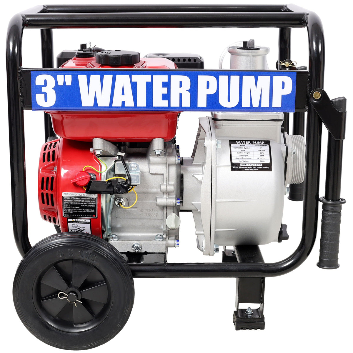 Gas Engine Powered Water Pump with Wheels and Handle – Black/Red