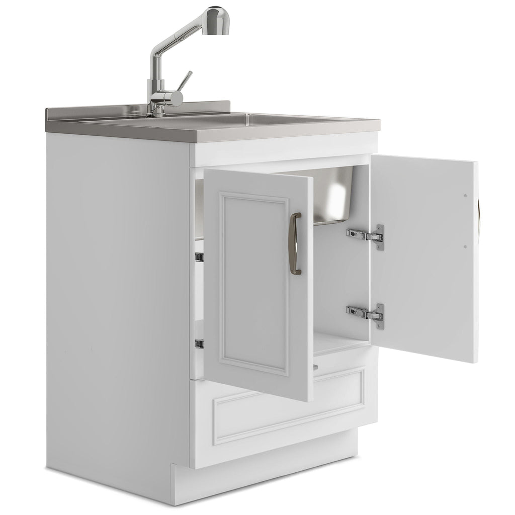 Laundry Cabinet with Faucet and Stainless Steel Sink - White