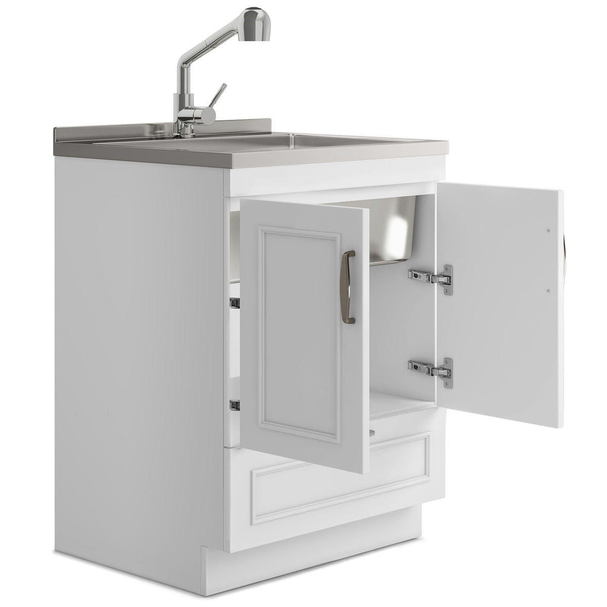 Laundry Cabinet with Faucet and Stainless Steel Sink - White