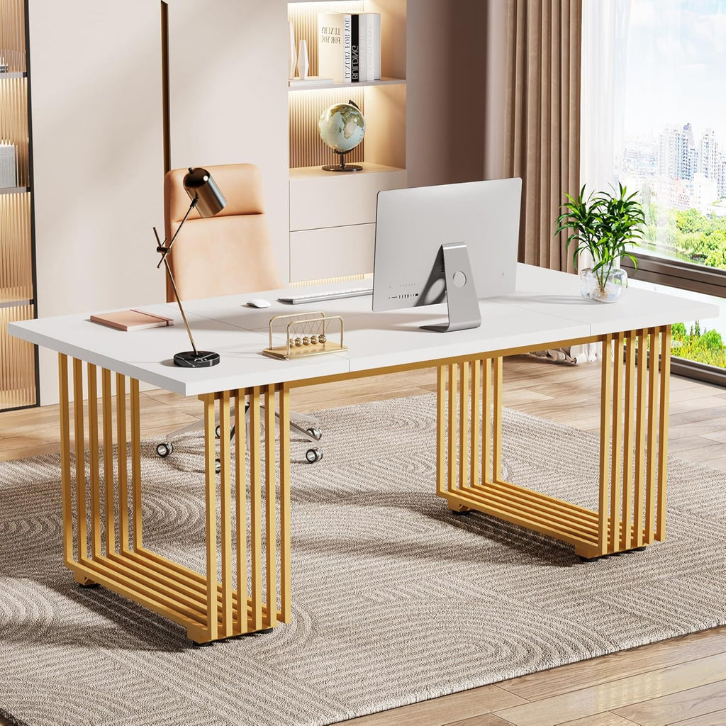 White Executive Desk with Gold Metal Legs - 70.87" Wide