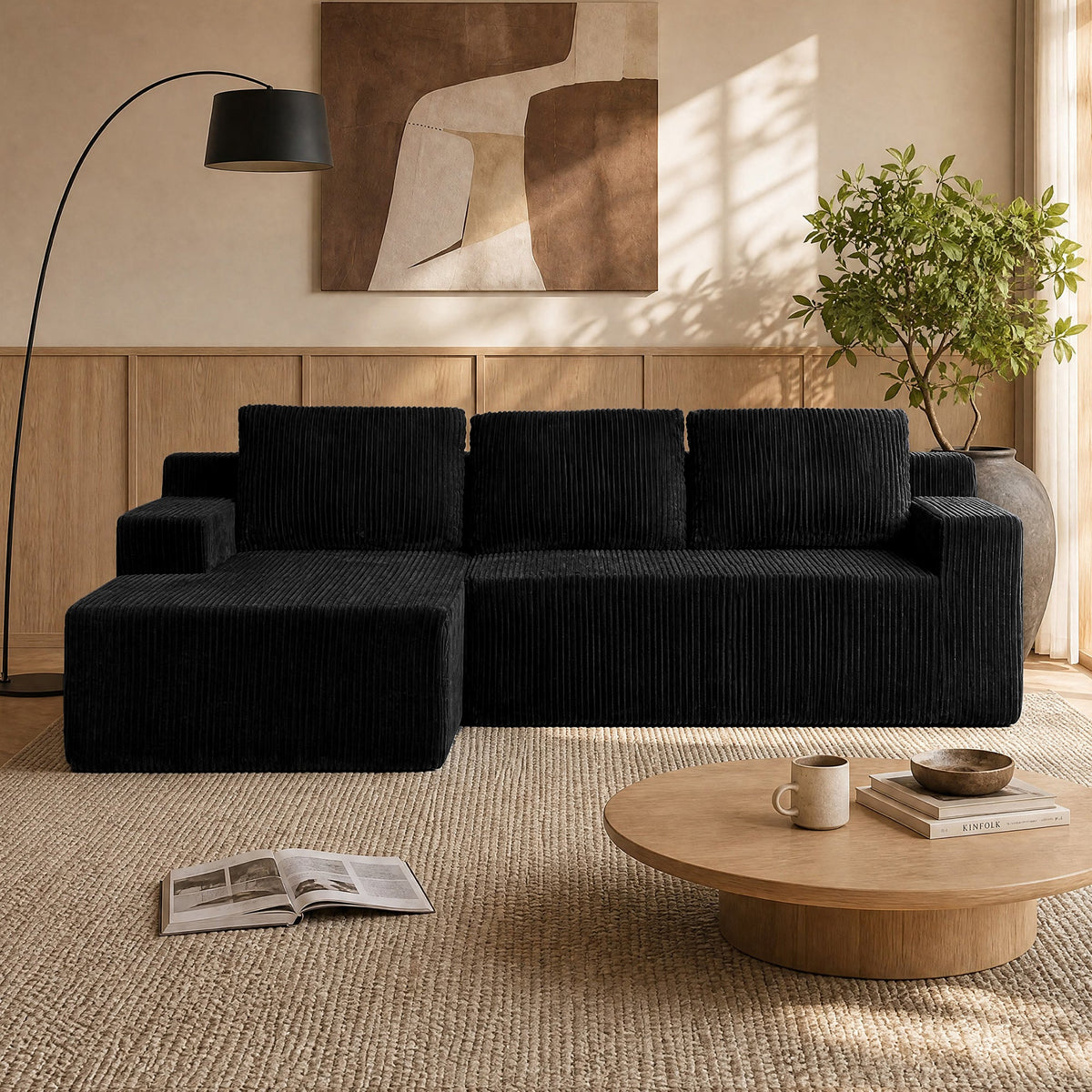 Corduroy Modular L Shaped Sectional Sofa with Plush Upholstery - Beige