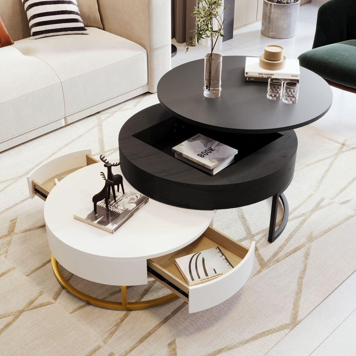 Modern Round Nesting Coffee Tables with Lift-Top and 2 Drawers - White or Black
