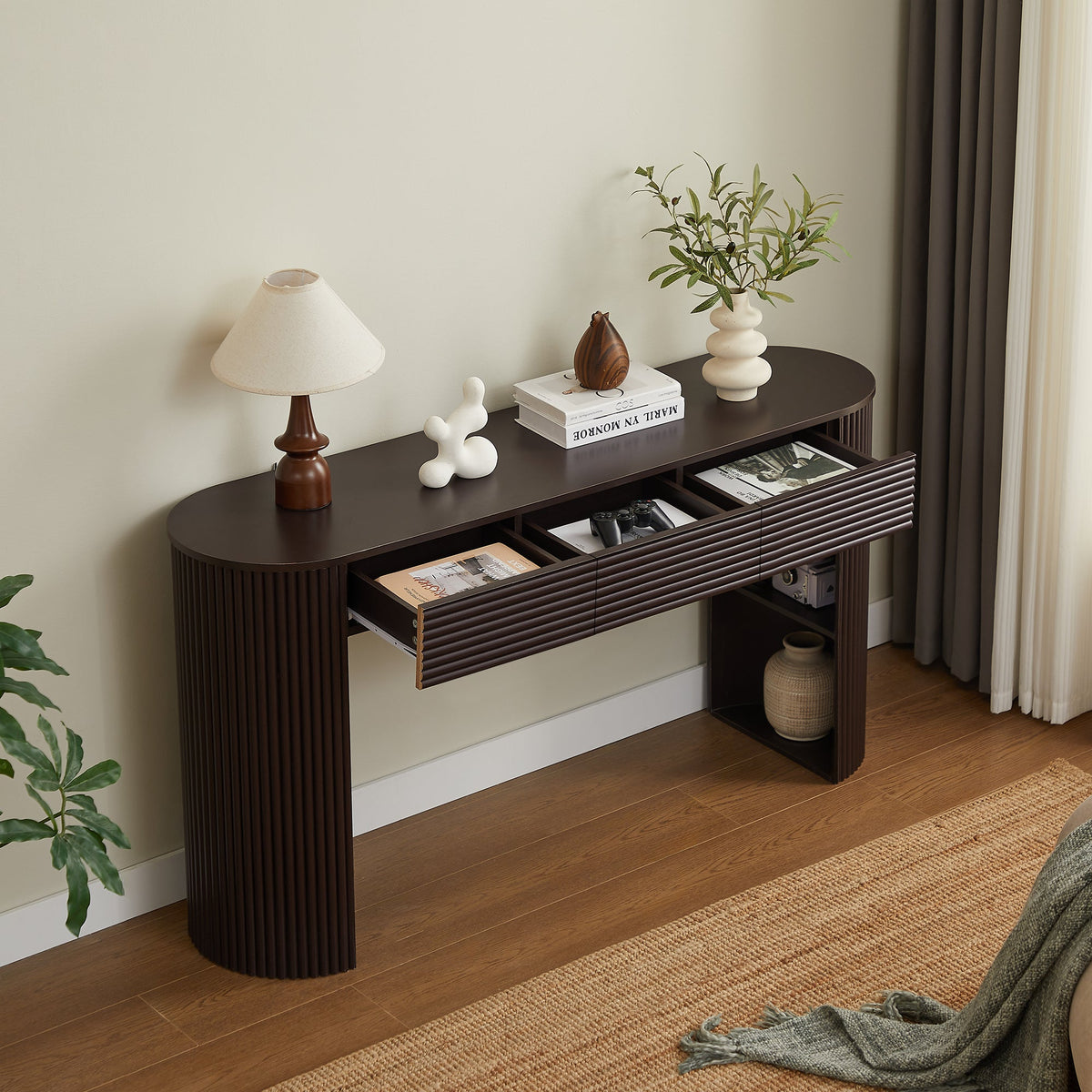 Retro Console Table with Storage and 3 Drawers - Espresso or Natural