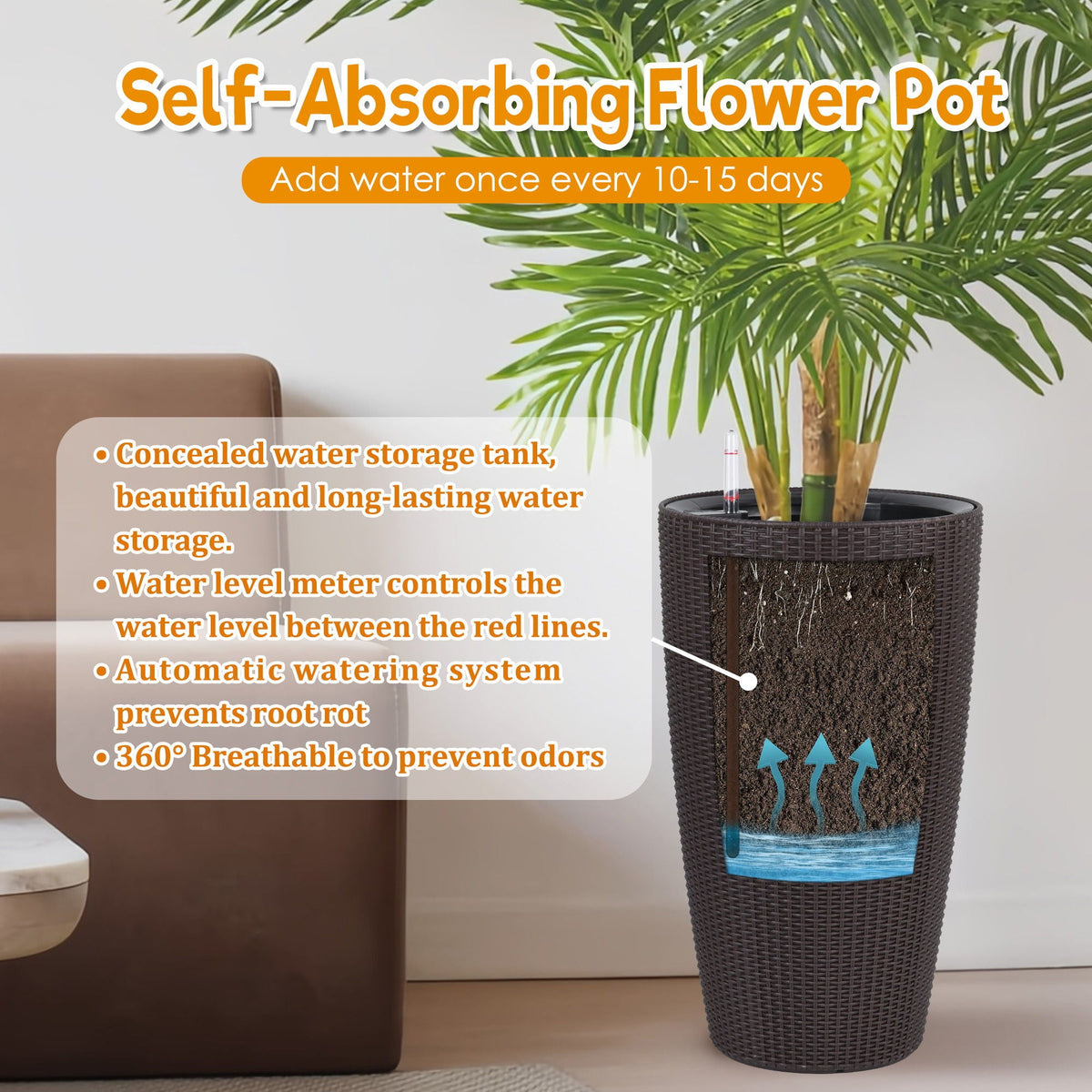 Tall Planters Set with Auto Watering and Water Level Monitor - Polypropylene
