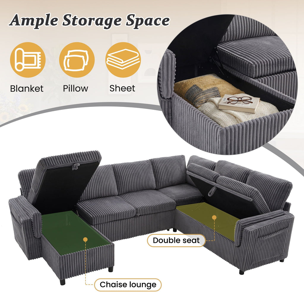 Convertible U-Shaped Sectional Sofa Bed with USB Ports and Storage – Black, Dark Gray, Blue