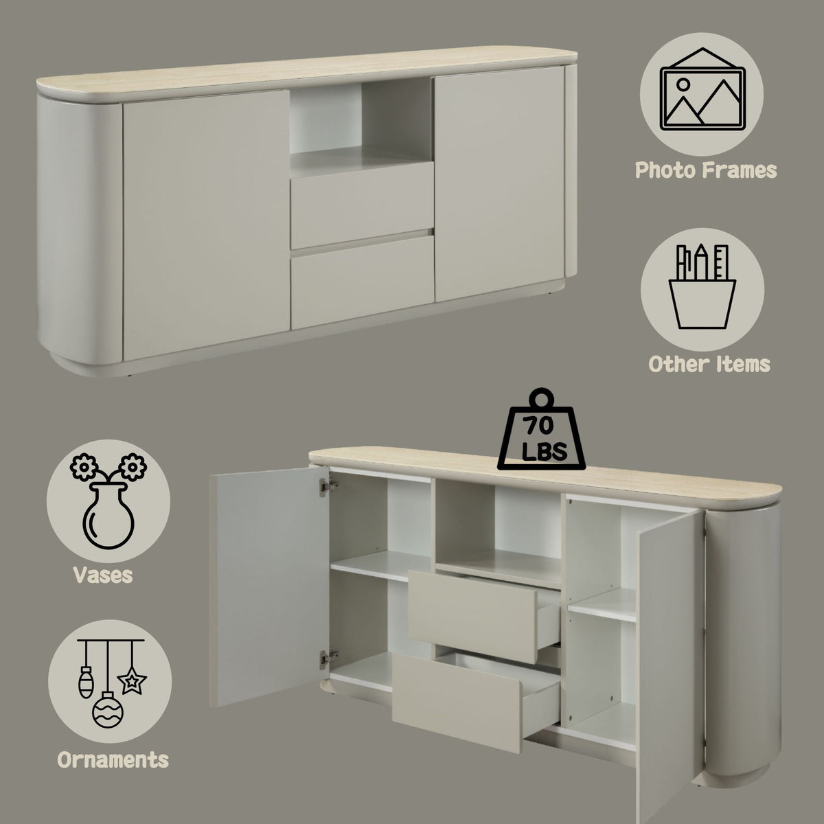Ingram Ceramic Top Server with Durable Ceramic Top - Light Gray