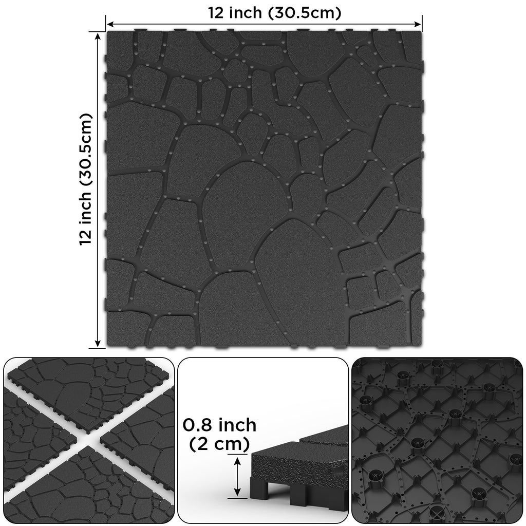 Stone Texture 12" Patio Deck Tiles with Interlocking Design - Polypropylene, 44 pcs