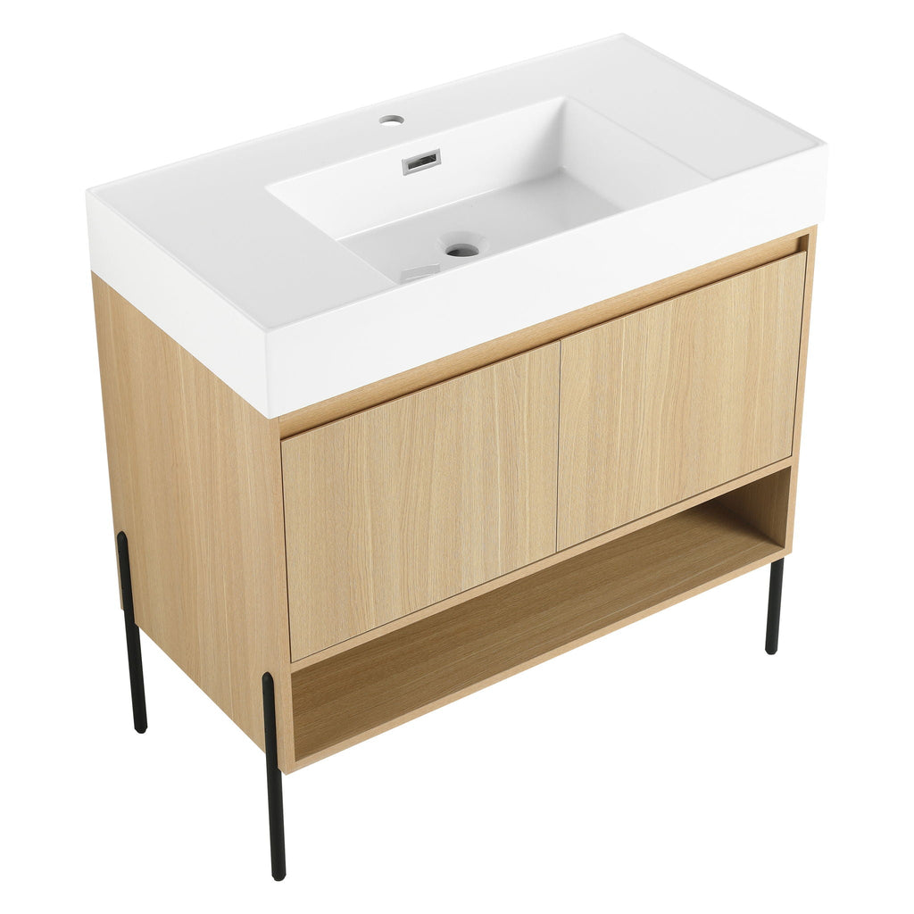 Modern Bathroom Vanity Combo with Single Resin Sink and Storage Cabinet - Light Brown