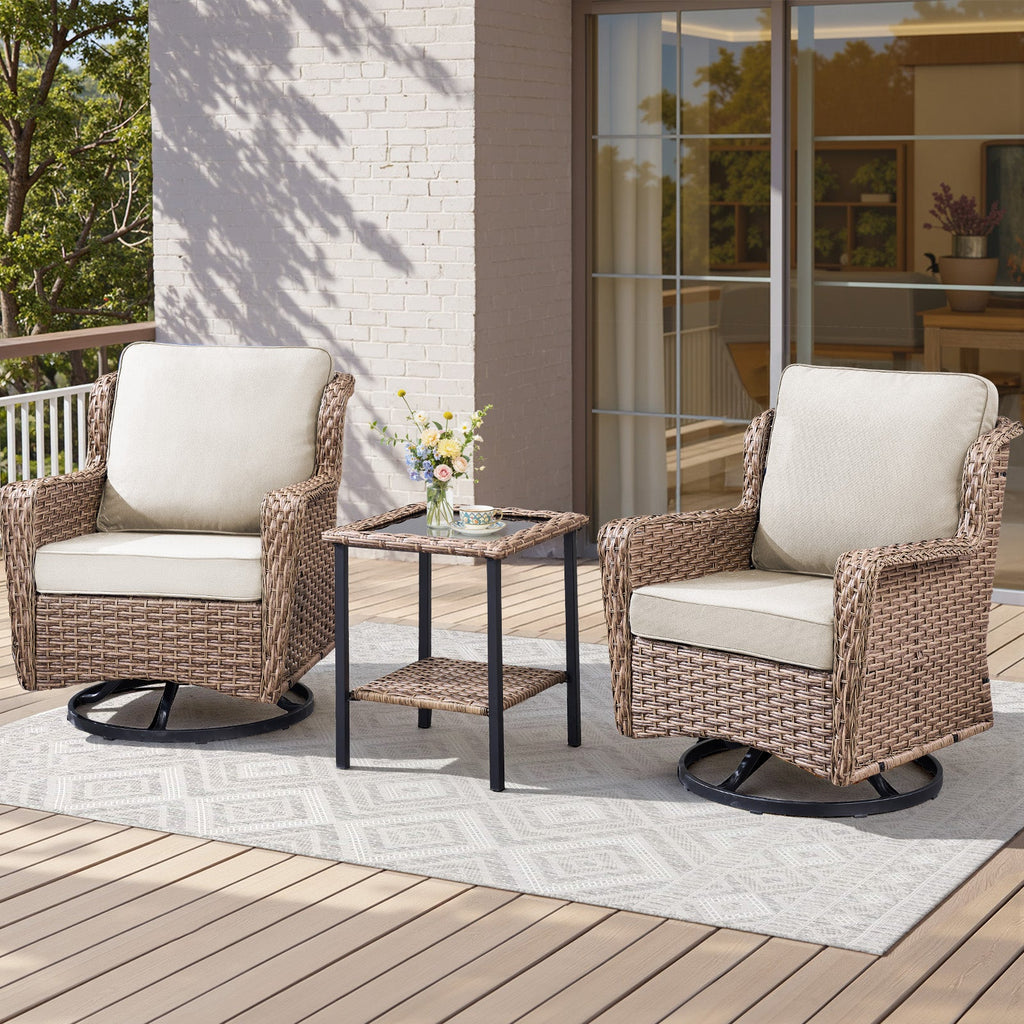 2-Person Outdoor Wicker Swivel Rocker Seating Group with Cushions - Beige or Blue